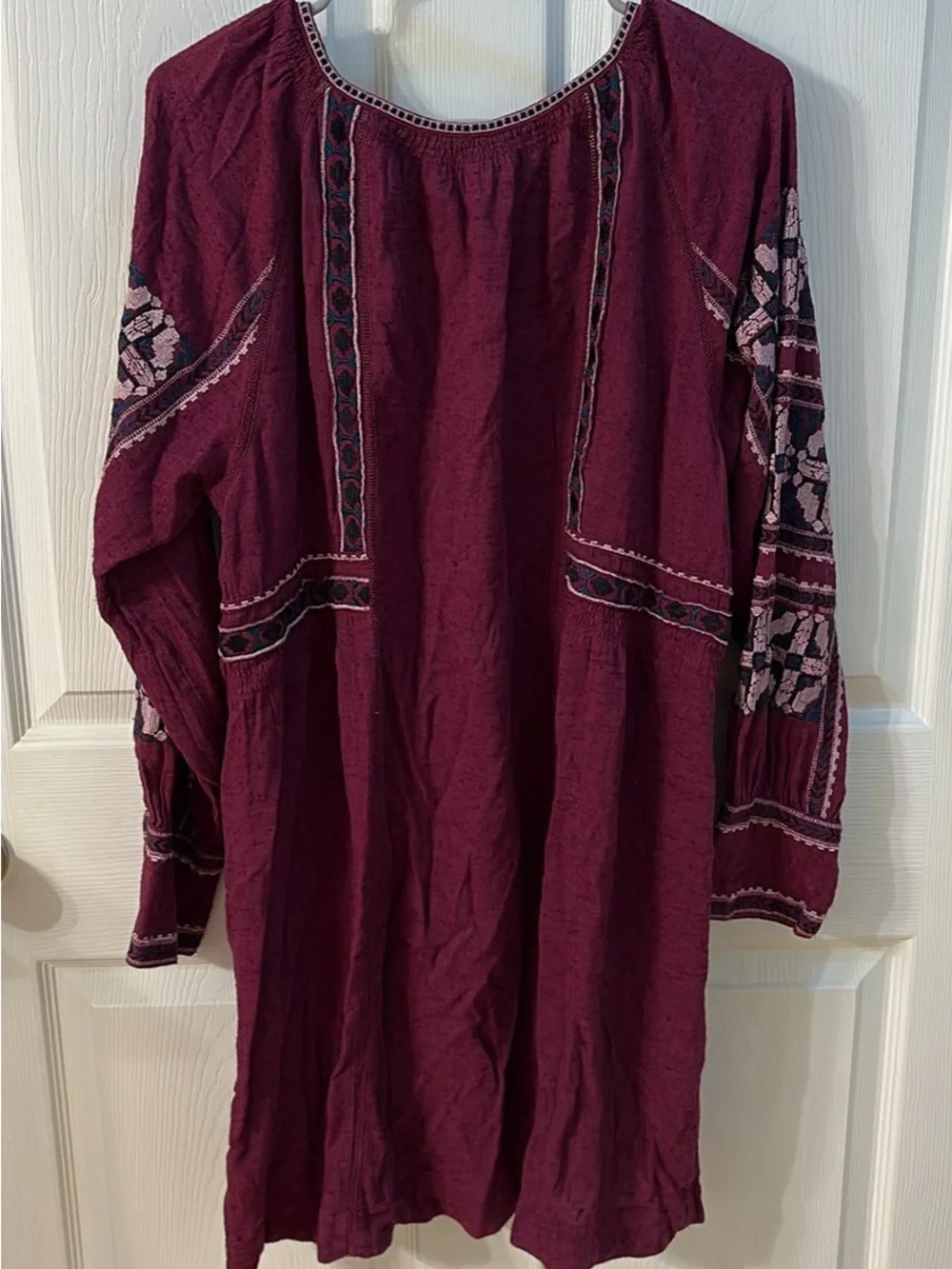 Free People Wine Embroidered Long-Sleeve Tunic Dress